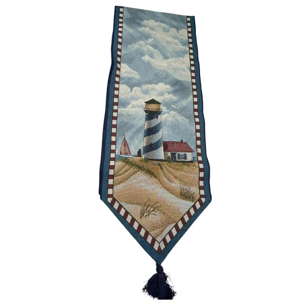 70x13 Blue Lighthouse Woven Tapestry Table Runner Tassels Coastal Nautical Beach